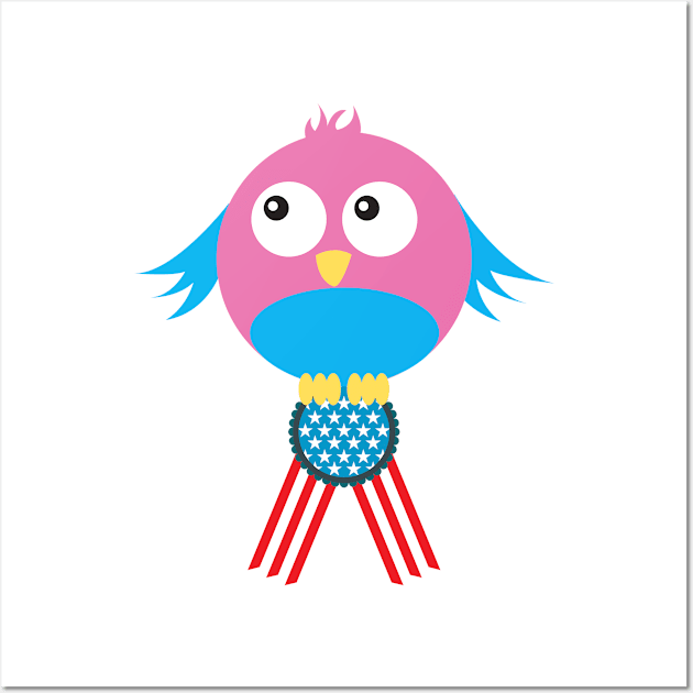 American pride - cute bird with usa ribbon Wall Art by CatheBelan